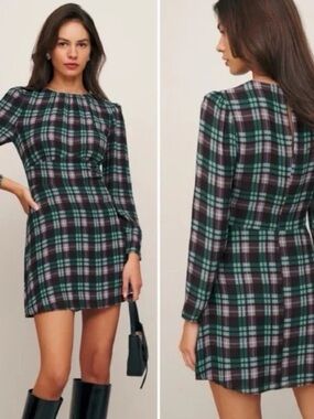Reformation Laken Brown Green Plaid Long Sleeve Preppy Academia Mini Dress 2